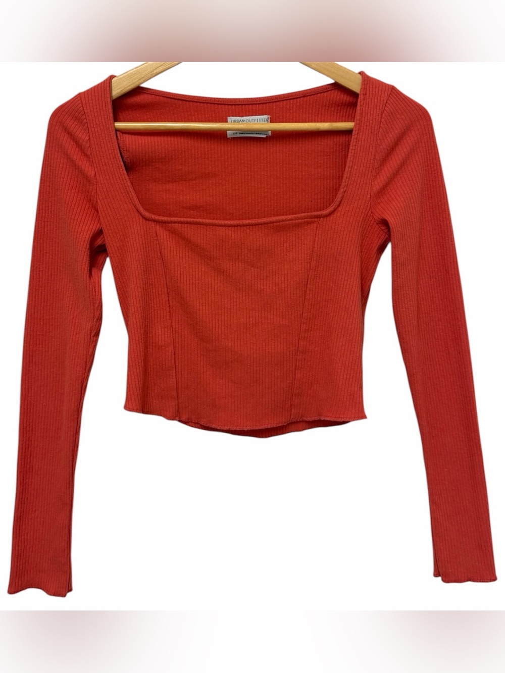 Urban Outfitters Orange Ribbed Square Neck Long Sleeve Crop Top